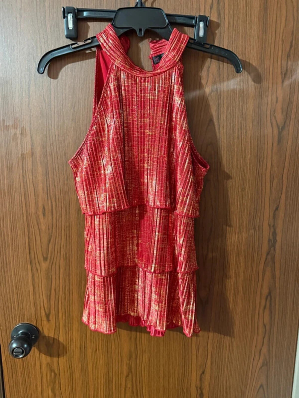 HeartSoul Red Gold Metallic Pleated Tiered Halter Top Women's Large Party Holida